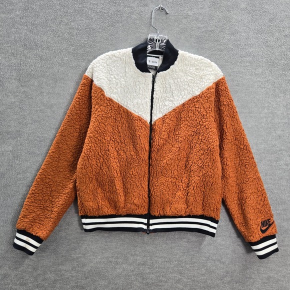 Nike Women Jacket Medium Orange Sherpa Bomber Logo Pockets Full Zip - Picture 1 of 11